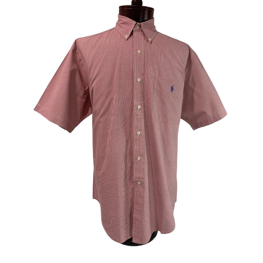 Large Ralph Lauren Mens Classic Fit Button Down Shirt Short Sleeve Red Plaid
